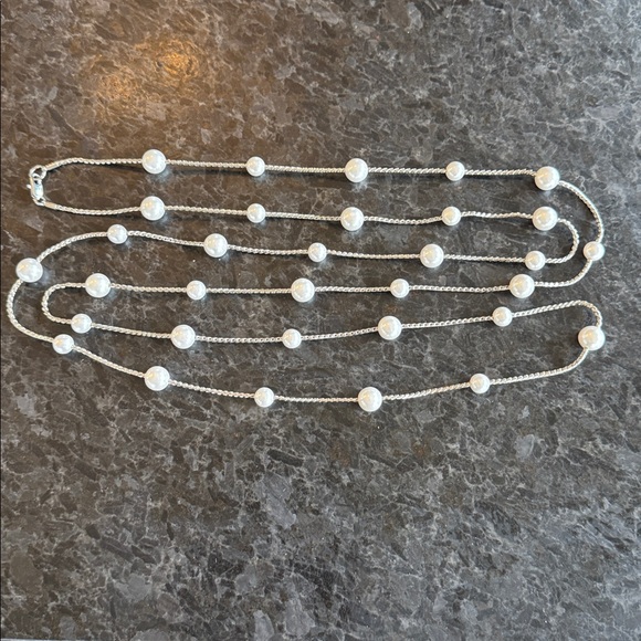 Park Lane Shannel Silvertone & Faux Pearl Necklace 61” - Picture 2 of 2